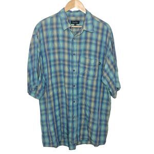 True Grit Plaid Short Sleeve Button Up Shirt Blue Green Mens Size L Tencel
